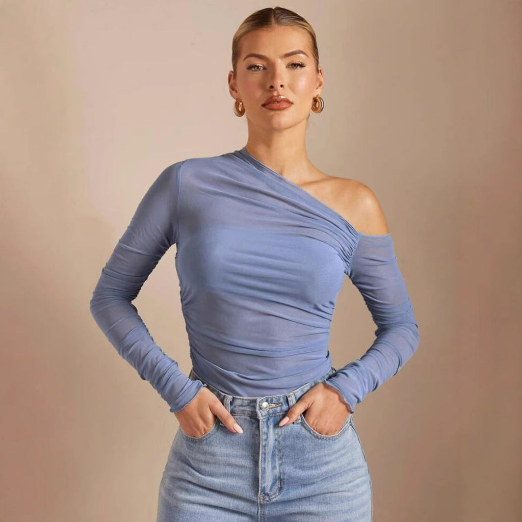 Women's Asymmetrical Long-Sleeve Bodysuit with Ruching