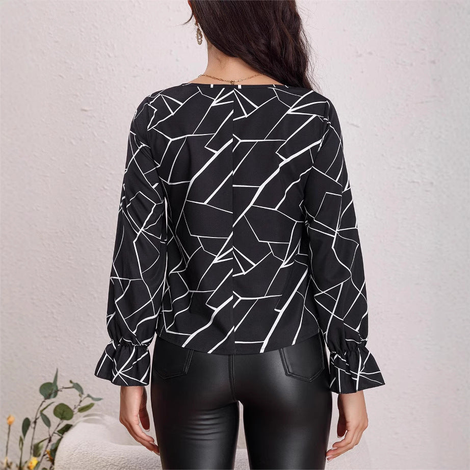 Women's Blouse with Geometric Pattern and Ruffle Details