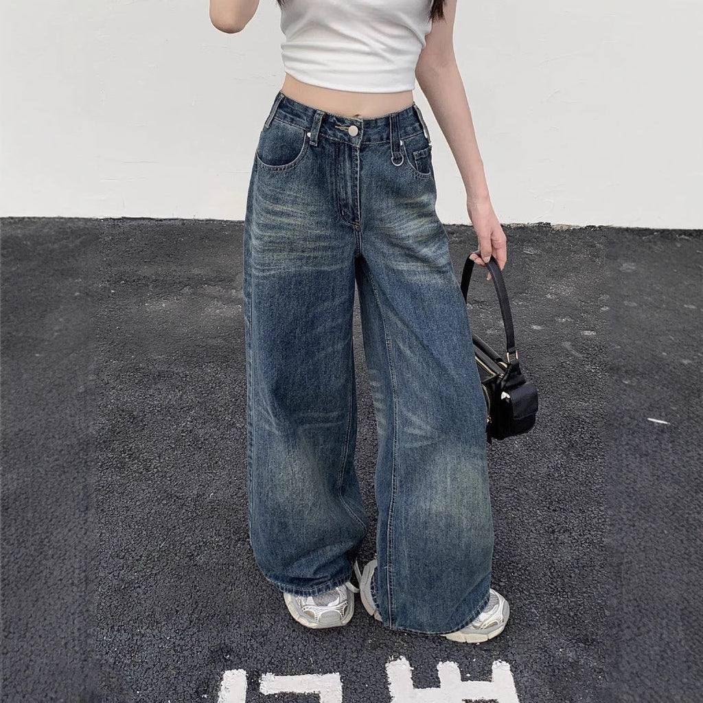 Women's High-Waisted Wide-Leg Jeans with Casual Fit and Unique Wash
