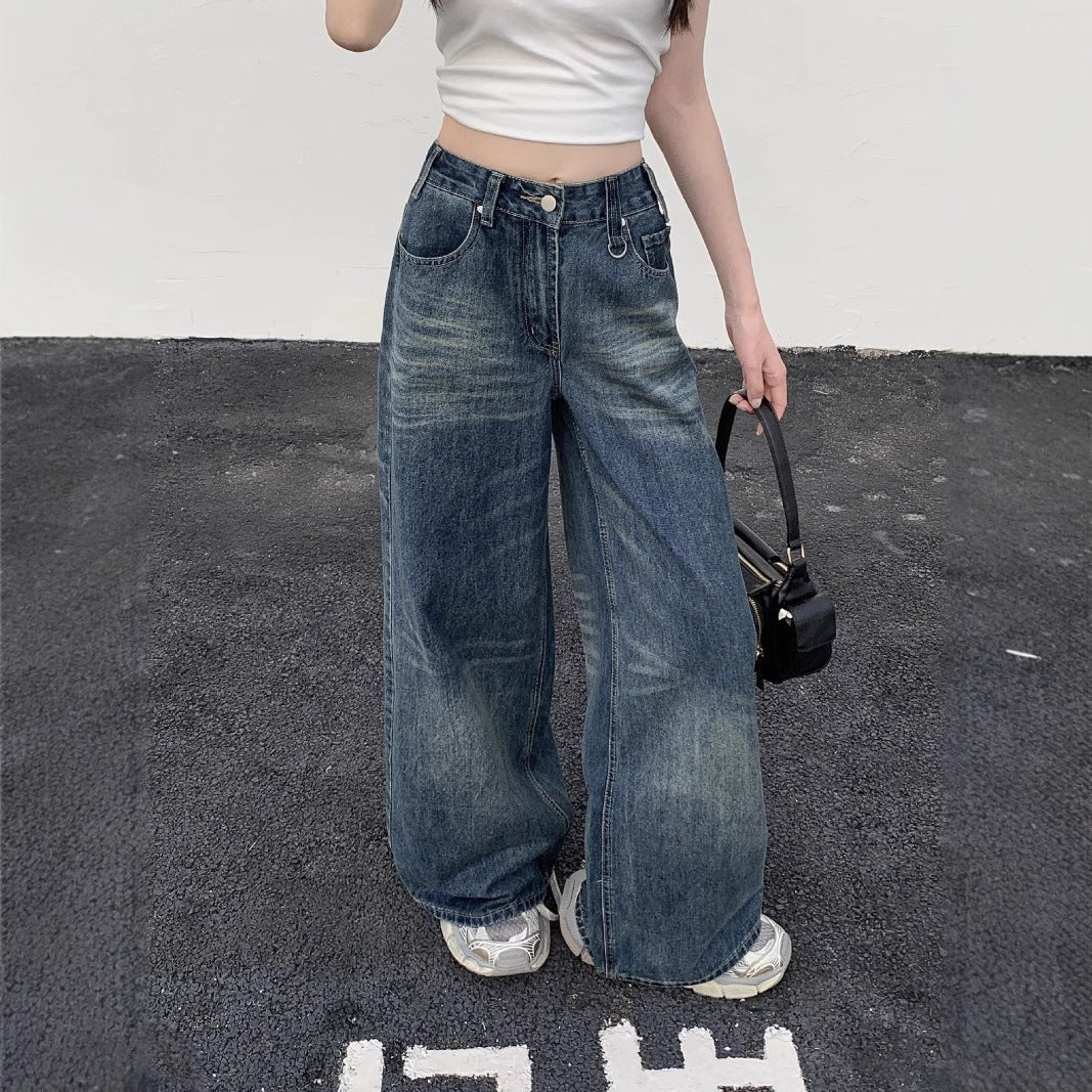 Women's High-Waisted Wide-Leg Jeans with Casual Fit and Unique Wash