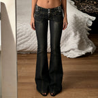 Women's Flared Jeans with Decorative Stitching and Adjustable Waist