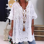 Women's Blouse with Floral Embroidery and Wide Sleeves