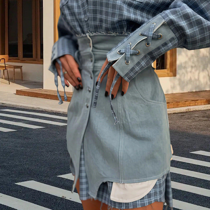 Women's Plaid Blouse with Denim Skirt