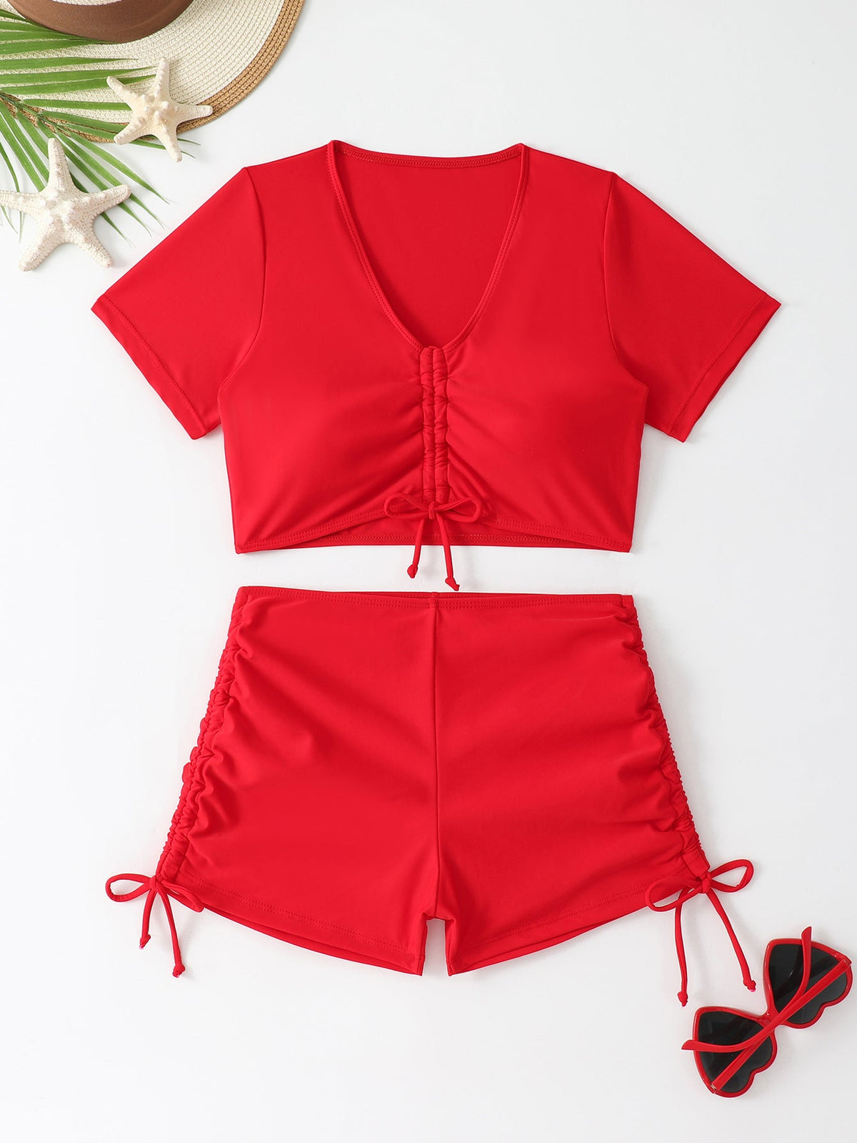Women's Swim Top with Lace-Up Design and High-Waisted Shorts