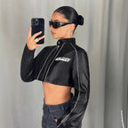 Women's Cropped Faux Leather Jacket with Sporty Details