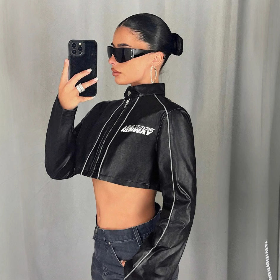 Women's Cropped Faux Leather Jacket with Sporty Details