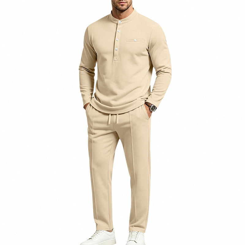 Men's Two-Piece Leisure Set with Henley Long Sleeve Shirt and Jogging Pants
