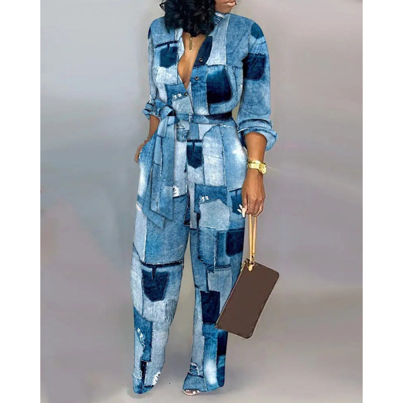 Women's Denim Jumpsuit with Fashionable Patchwork Design and Practical Pockets