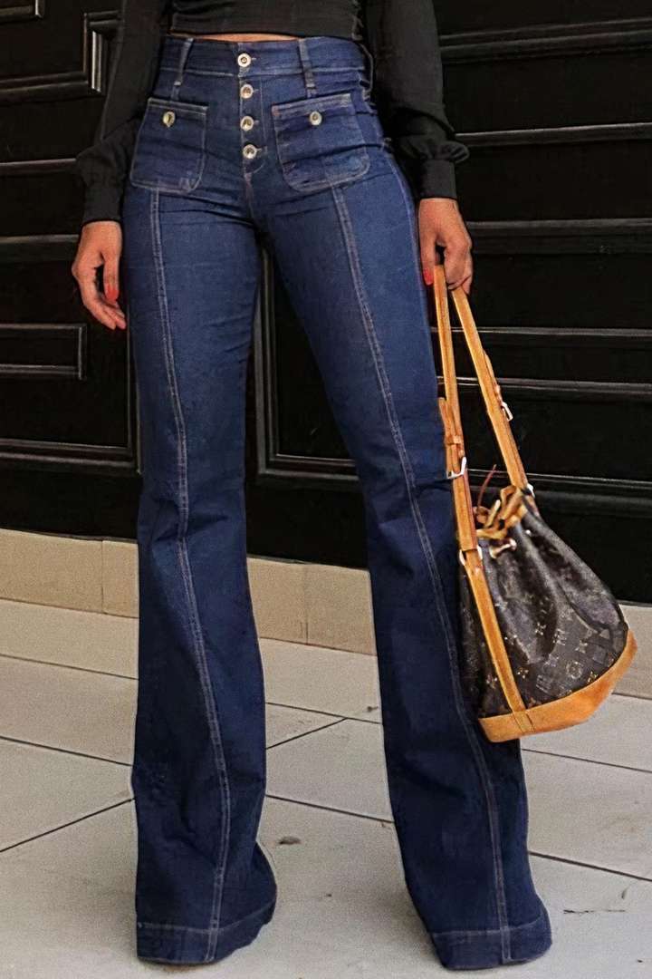Women's High-Waisted Bootcut Jeans with Button Details
