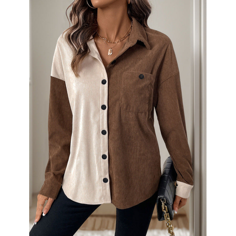 Women's Corduroy Blouse with Color-Block Design