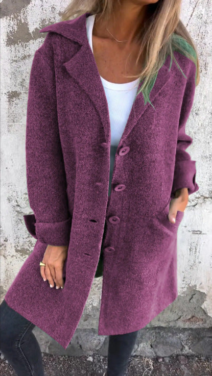 Women's Elegant Wool Jacket with Full Button Placket and Spacious Pockets