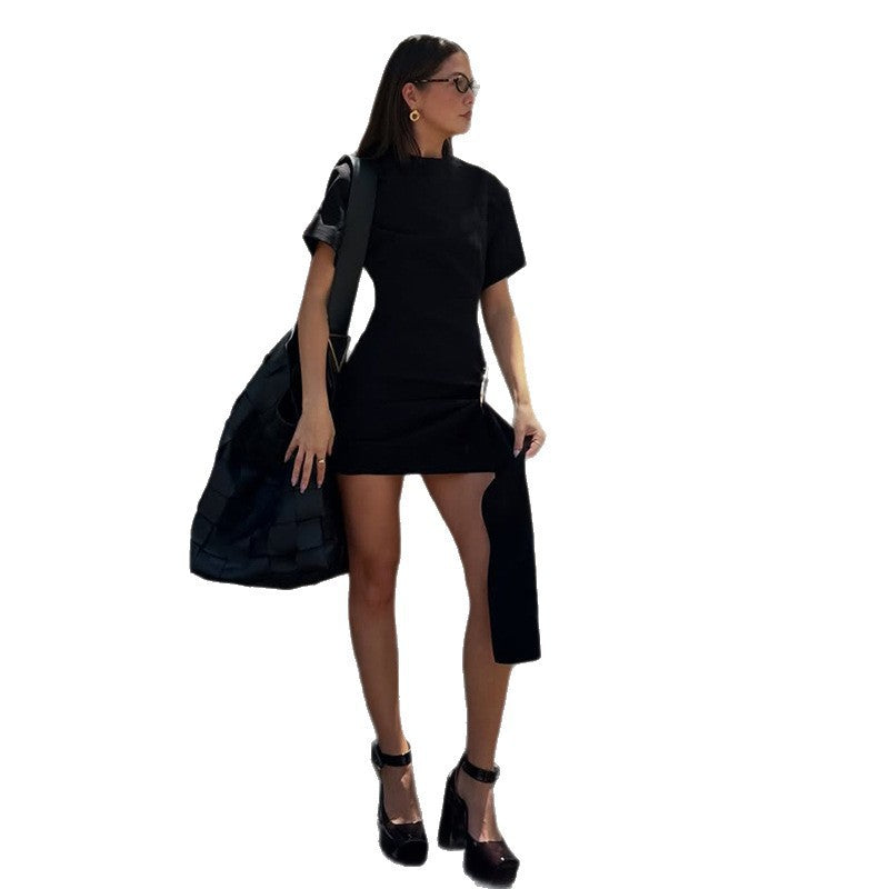 Women's Asymmetrical Mini Dress with Elegant Slit and Refined Details