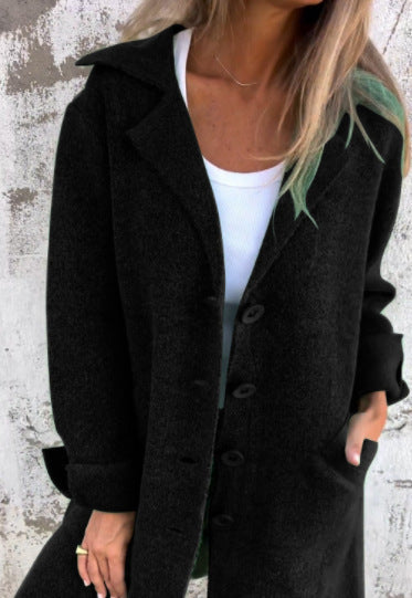 Women's Elegant Oversized Wool Coat with Full Button Placket and Practical Pockets