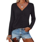 Women's Long-Sleeve Blouse with V-Neck and Button Details