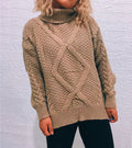 Women's Chunky Knit Sweater with Cable Pattern and High Collar