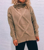 Women's Chunky Knit Sweater with Cable Pattern and High Collar