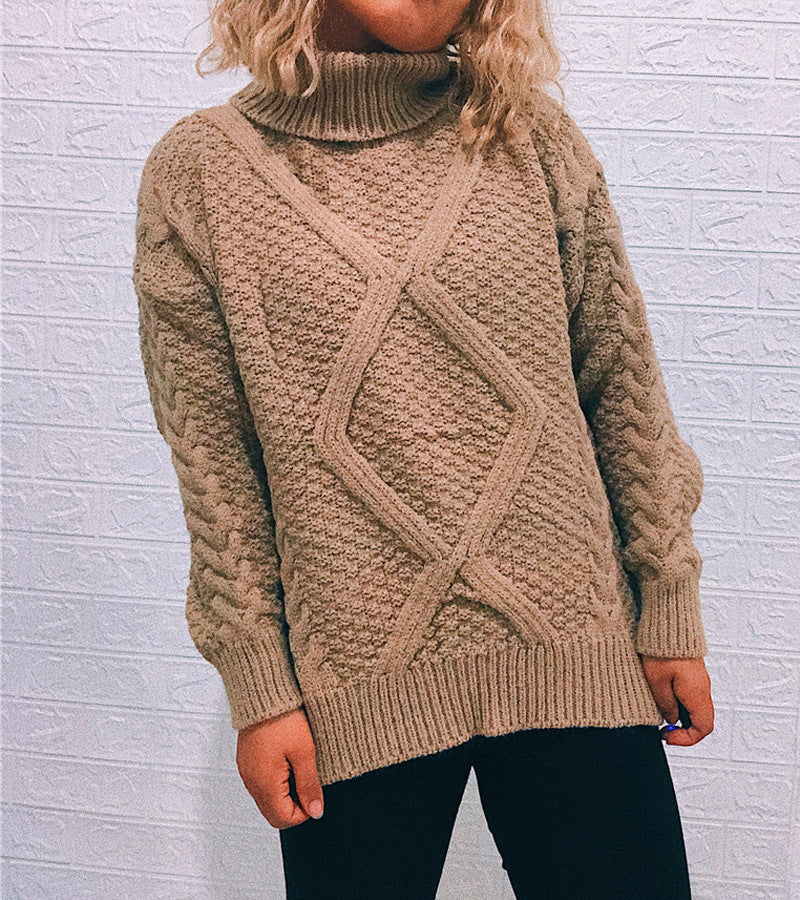 Women's Chunky Knit Sweater with Cable Pattern and High Collar