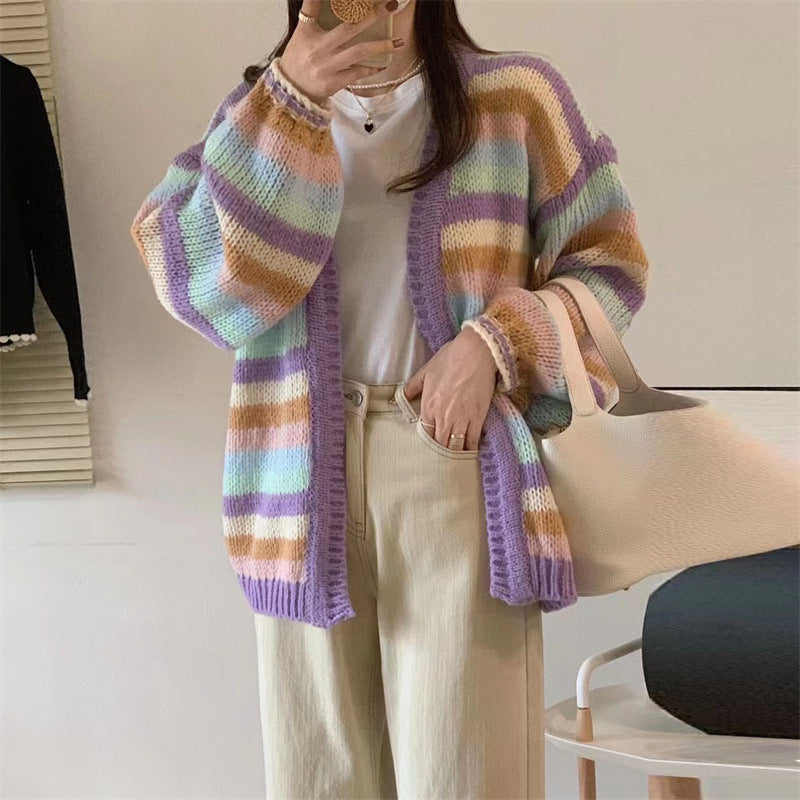 Women's Cozy Cardigan with Colorful Stripe Pattern and Wide Cut