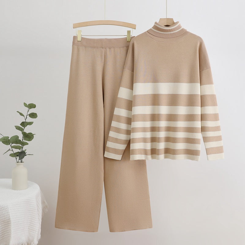 Women's Knit Loungewear Set with High Collar and Stripes