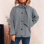 Striped Cardigan with Modern Collar and Button Closure