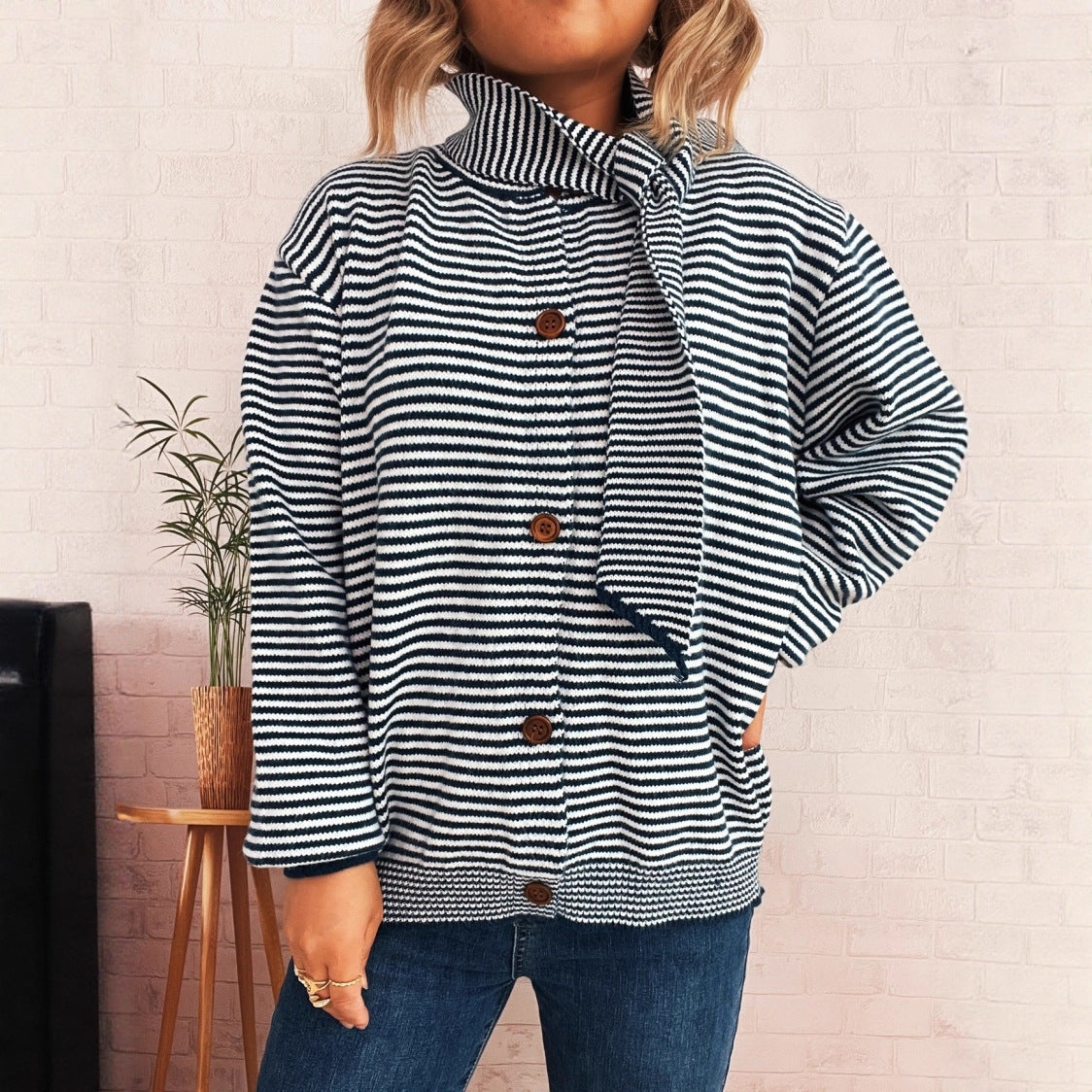 Striped Cardigan with Modern Collar and Button Closure