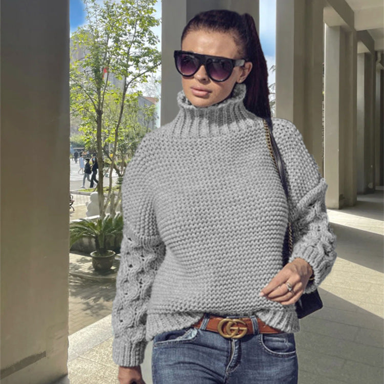 Women's Chunky Knit Sweater with High Collar and Textured Sleeves
