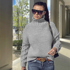 Women's Chunky Knit Sweater with High Collar and Textured Sleeves