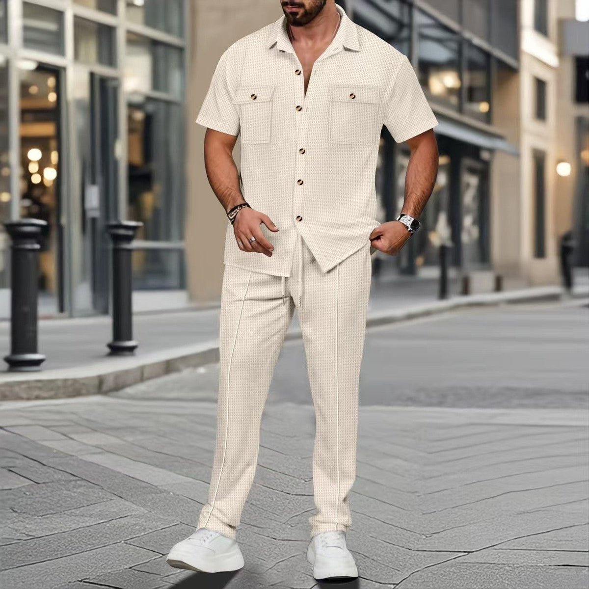Men's Casual Tracksuit with Camp Shirt and Drawstring Pants
