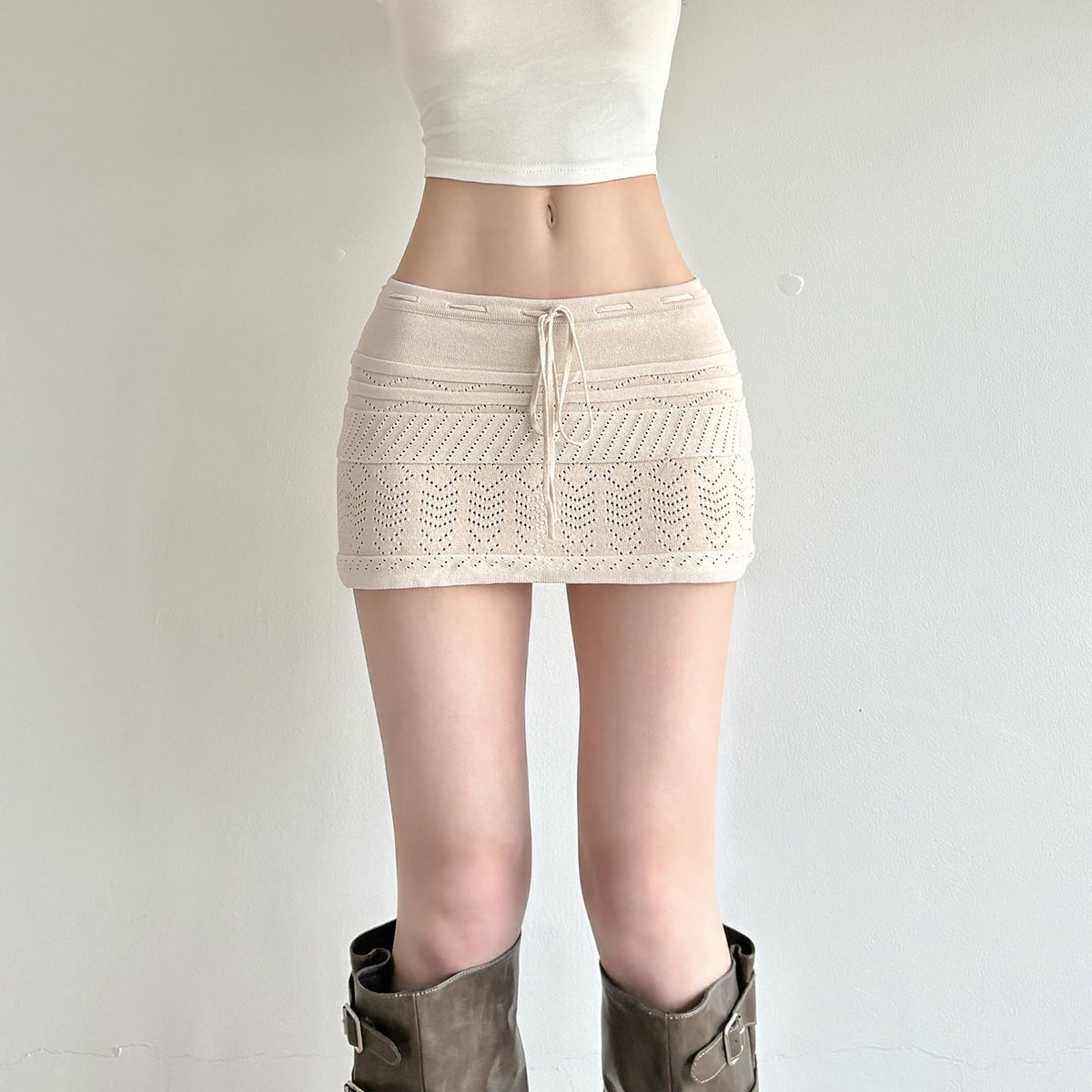 Women's Mini Knit Skirt with Crochet Texture and Adjustable Waist