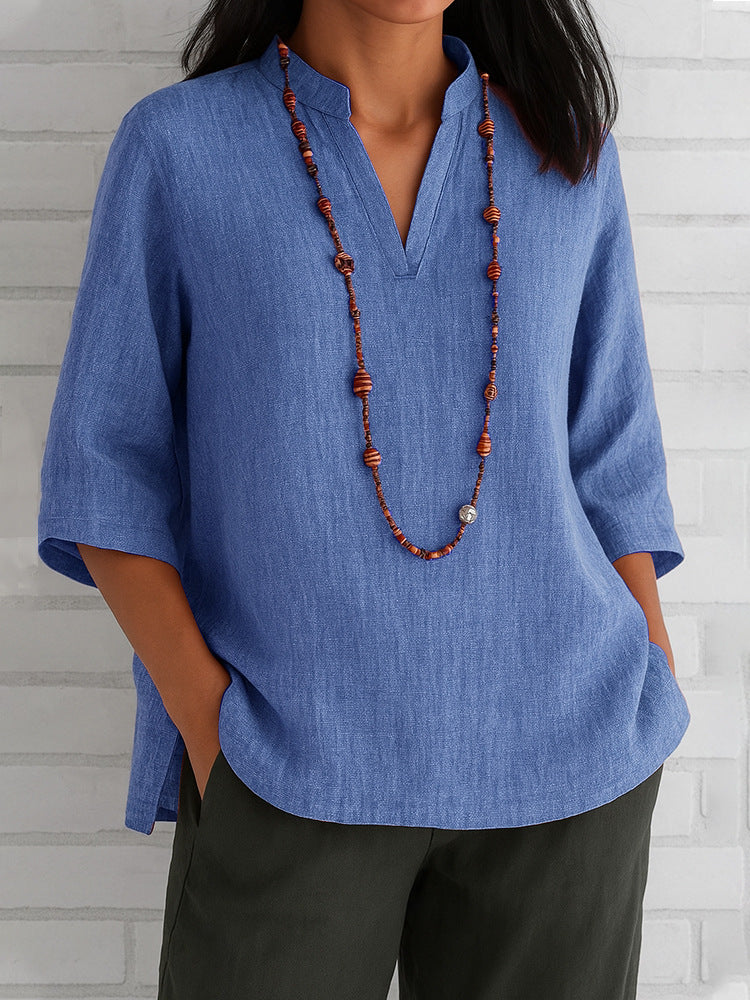 Casual V-Neck Blouse with Side Pockets