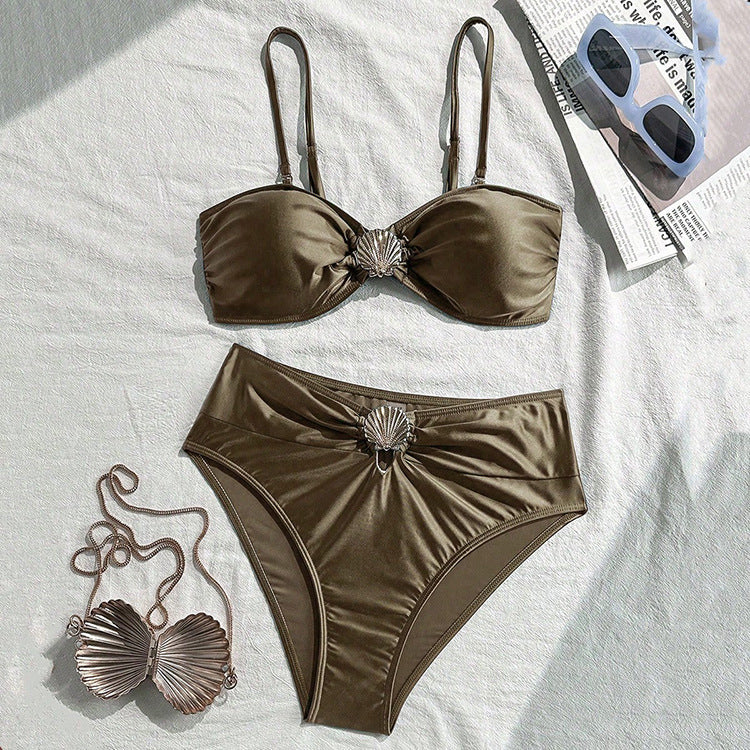 Women's Bandeau Bikini with Elegant Shell Detail and High-Leg Cut