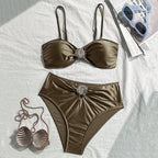 Women's Bandeau Bikini with Elegant Shell Detail and High-Leg Cut