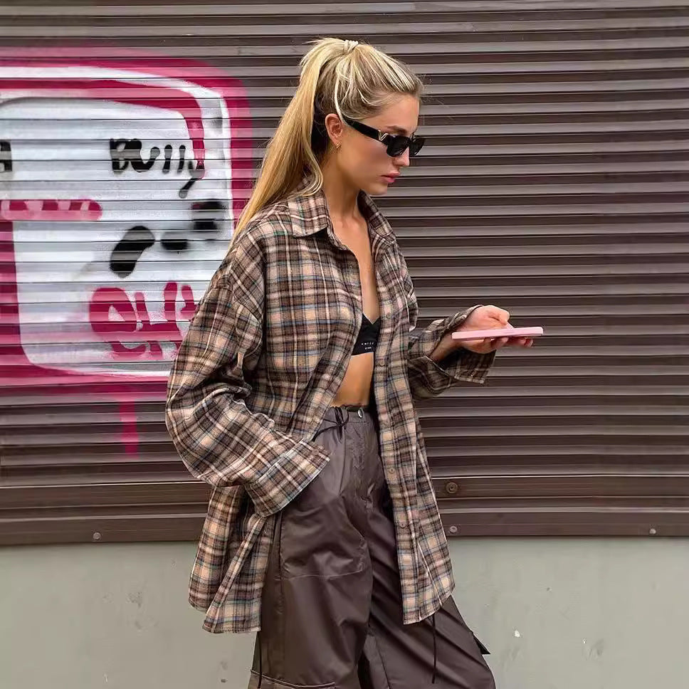 Women's Plaid Overshirt in Casual Cut with Oversized Sleeves