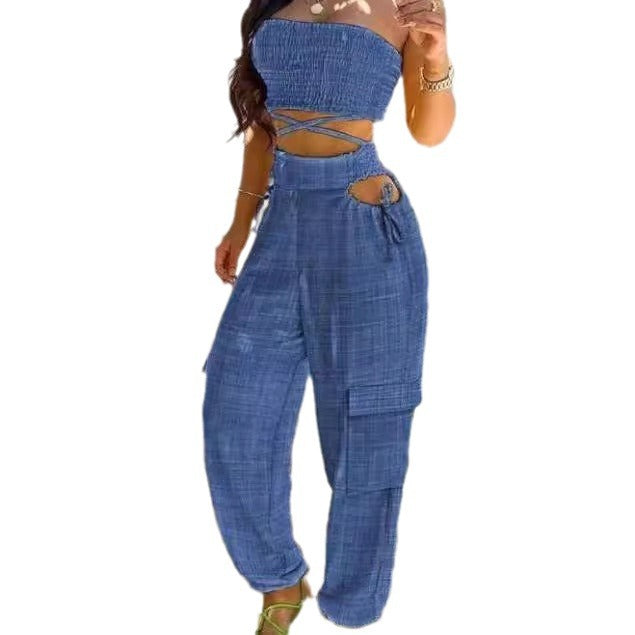 Women's Fashionable Two-Piece Set with Crop Top and Cargo Pants