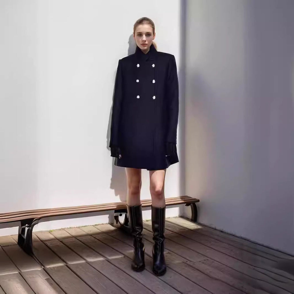 Women's Elegant Short Coat with Double-Breasted Buttons and Silky Details