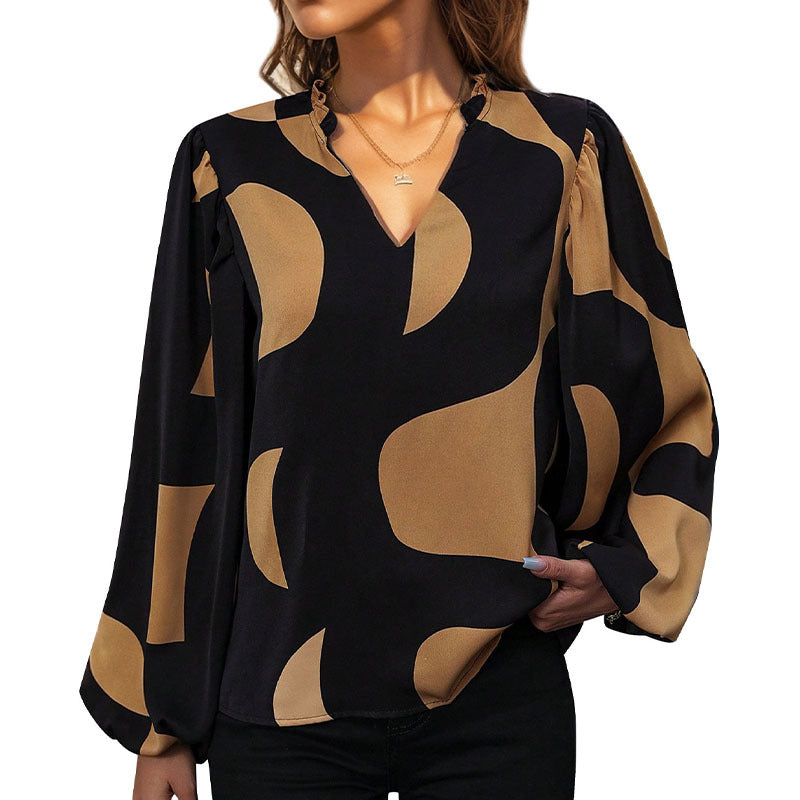 Women's Blouse with Fashionable V-Neck and Unique Pattern