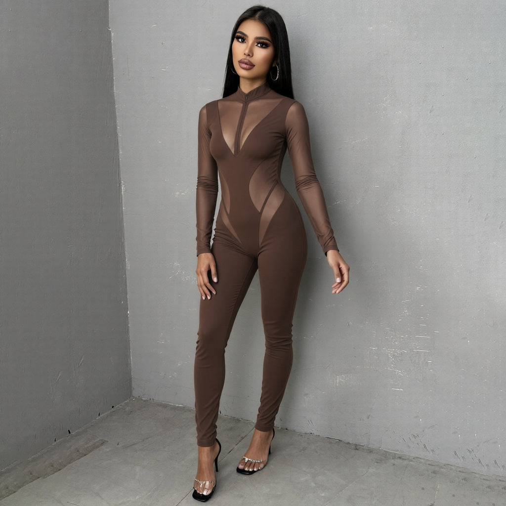 Women's Bodysuit with Sheer Inserts and Figure-Hugging Cut