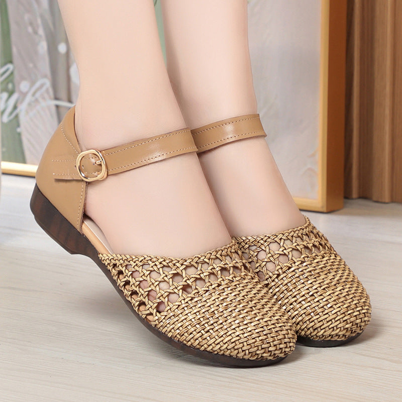Women's Ballet Flats with Braided Pattern and Adjustable Strap