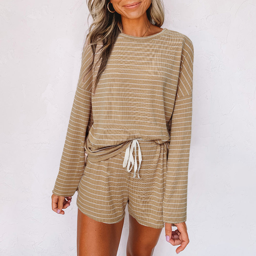 Women's Casual Two-Piece Set in Soft Striped Material