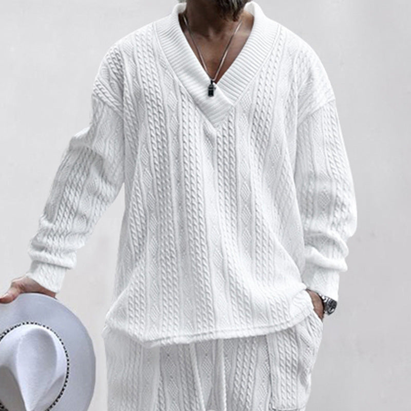 Men's relaxed knit ensemble with deep V-neck and elastic drawstring waistband