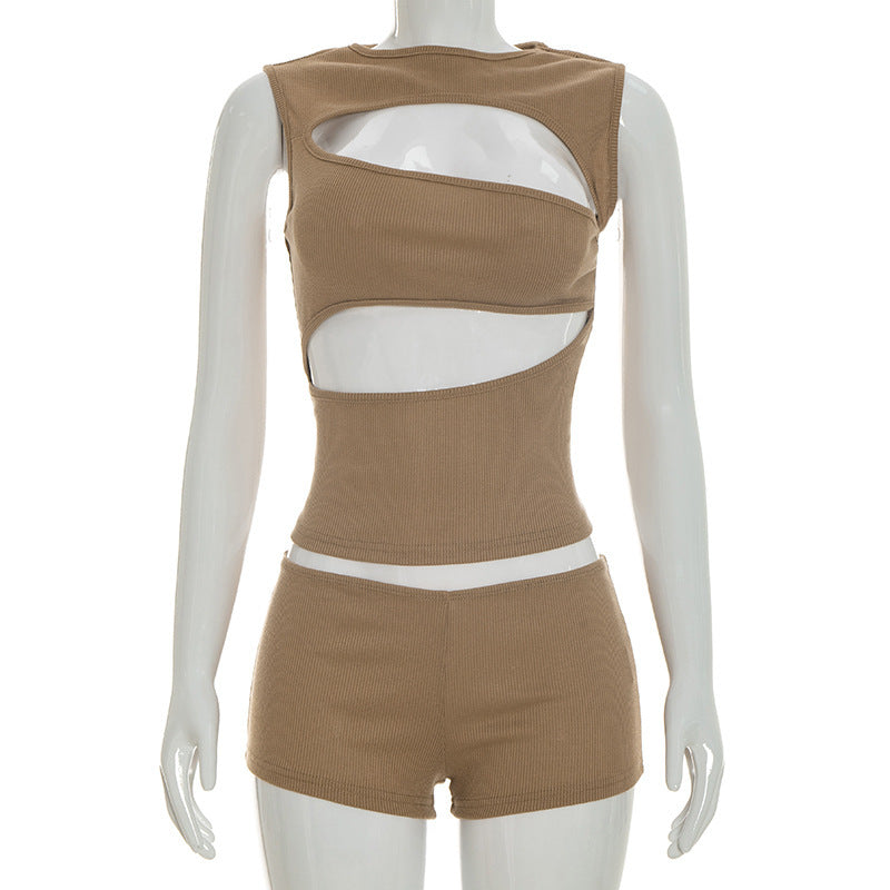 Women's Fashionable Top with Cut-Out Details and Matching Shorts