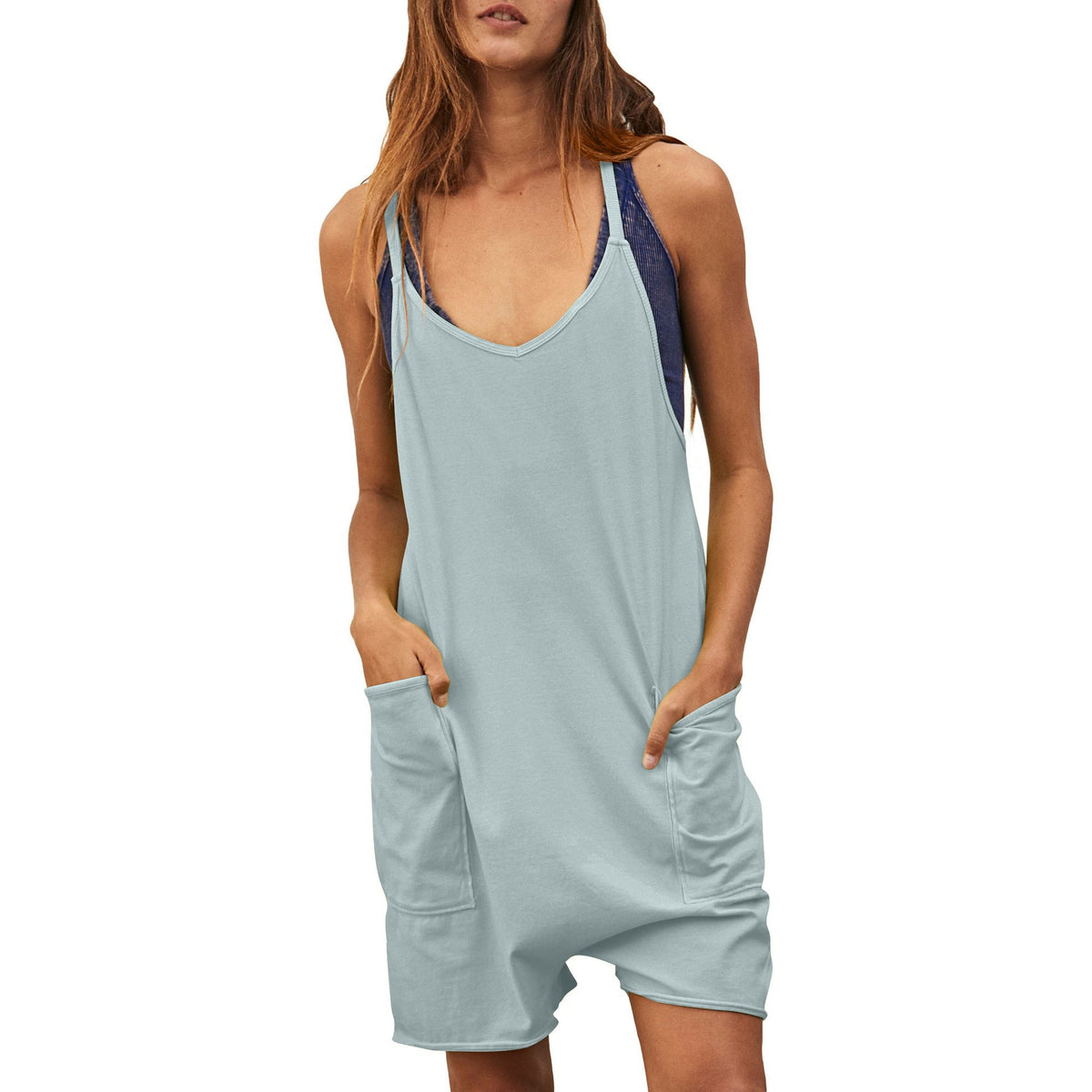 Women's Comfortable Jumpsuit with Deep Neckline and Pockets