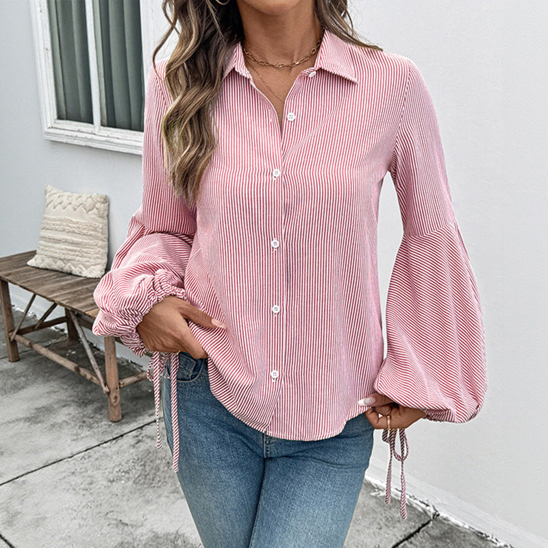 Women's Blouse with Voluminous Sleeves and Striped Design