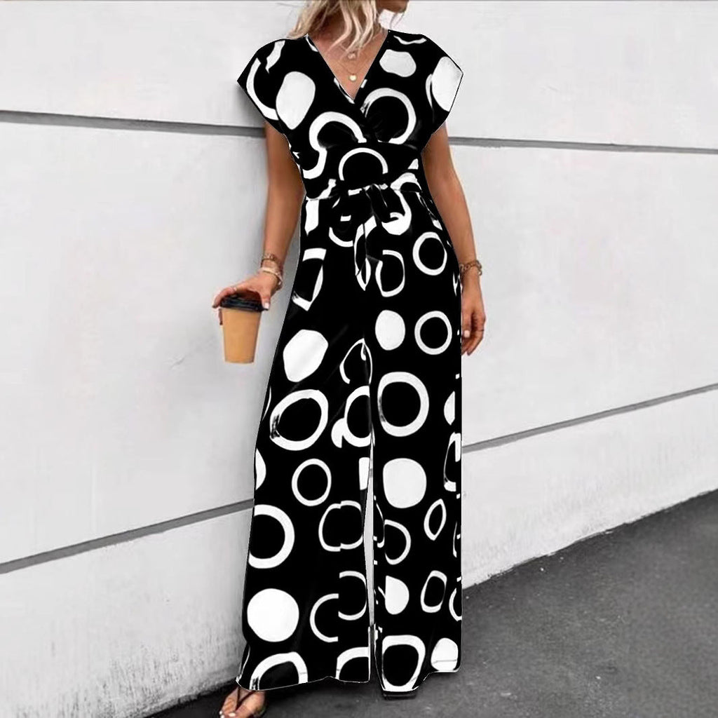 Women's Jumpsuit with Modern Circle Pattern and Waist Belt