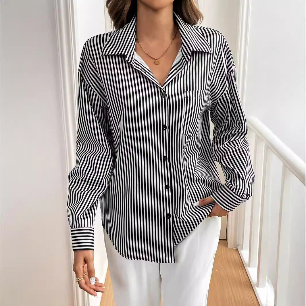 Women's Long Sleeve Striped Blouse with Back Detail
