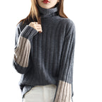Women's Chunky Knit Turtleneck Sweater with Striped Pattern
