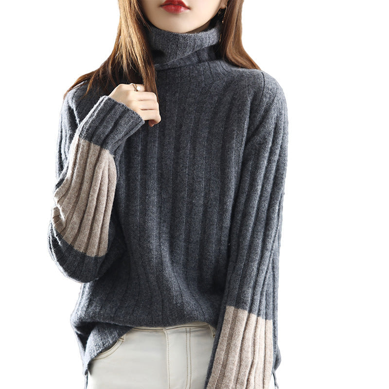 Women's Chunky Knit Turtleneck Sweater with Striped Pattern