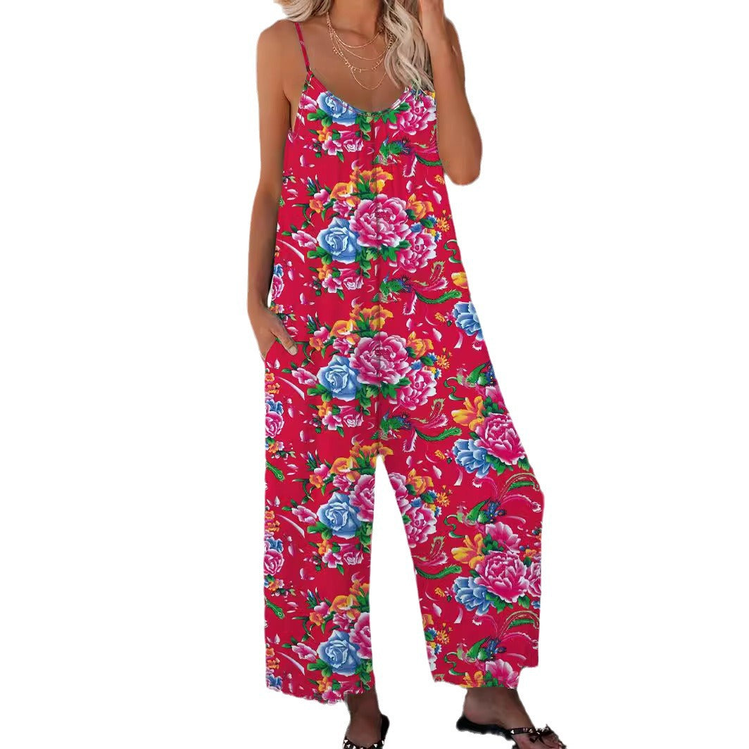 Women's Airy Jumpsuit with Floral Design and Adjustable Straps