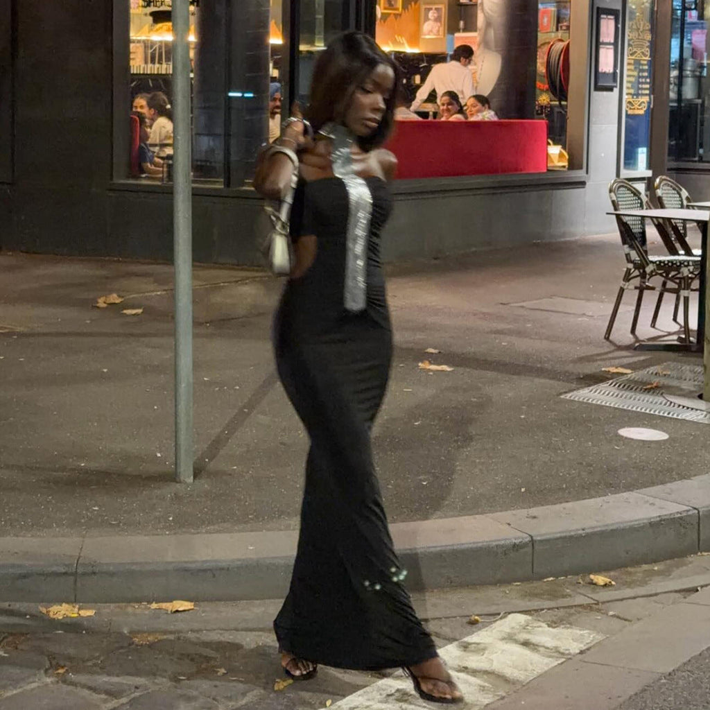 Women's Elegant Evening Dress with Slim Cut and Shiny Accents