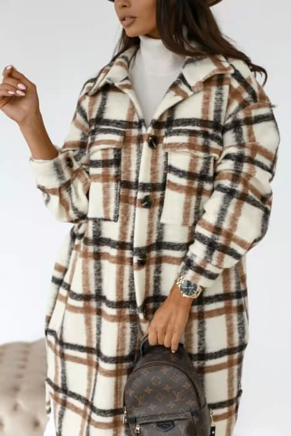 Women's Plaid Oversized Shirt Coat with Pockets